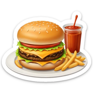 i want a Cheeseburger and Fries with a angle to 15–20° gentle bird’s-eye angle with Sause on white plate  sticker