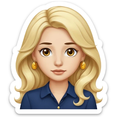 female with long wavy blonde hair, brown eyes, small gold nose stud, black eyeliner, navy blue blouse, emoji style sticker
