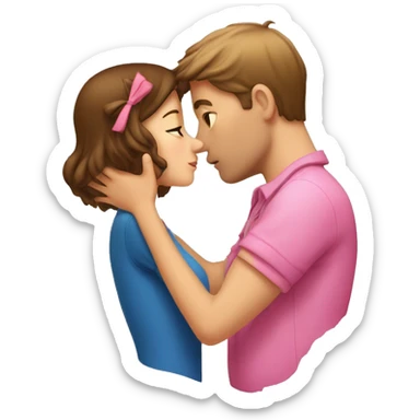 A guy with brown short hair and a girl with brown hair and a pink bow are kissing sticker