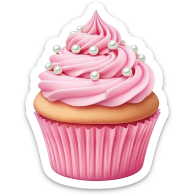 Cinematic Realistic Pink Cupcakes, fluffy pastel pink frosting swirled elegantly on top of golden cupcakes, tiny edible pearls adding a delicate touch, soft warm lighting creating a dreamy atmosphere, glowing with sweetness and charm. sticker