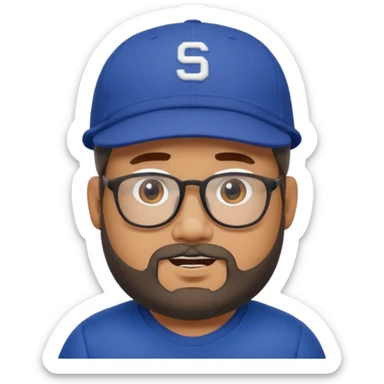 Create a figure that reflects an experienced social media manager but who has youthful and sporty clothing, a little chubby, a New Era cap, glasses, a beard and a slightly funny and friendly face. sticker