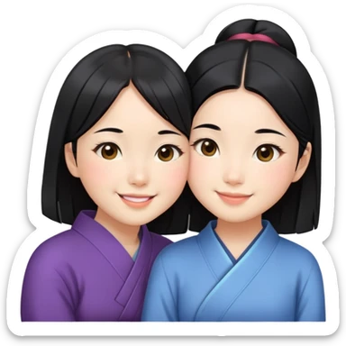 Two cute Japanese girls with straight black hair and East Asian features, faces pressed together cheek to cheek, smiling happily sticker