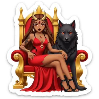 Caramel skin toned Lilith symbol seductress evil brown straight long hair haired, sexy succubus woman with red and black Chanel dress sitting on a Black and gold throne. A large black wolf laying beside her. Tattoos all down her arms sticker
