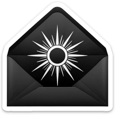 Open envelope, centered, black interior with a bright circular core and radial engraved sunburst rays, pure black ink on pure white, stipple/crosshatch only, razor sharp --style raw --ar 1:1 --no gradient, gray, 3d, glossy, text sticker