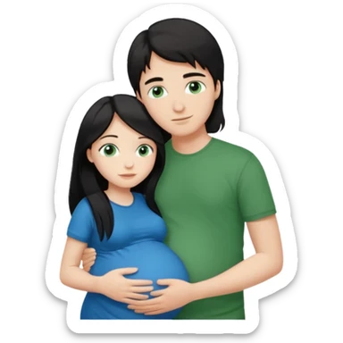 Make a couple emoji they are 18. The girl has long black hair and blue eyes and is hugging a pregnant boy with brown hair and green eyes they are both wearing the same colour top.  sticker
