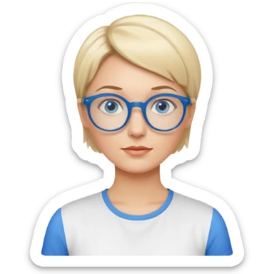 femme 40 ans cheveux courts garçon blond avec raie sur le coté, yeux bleu et lunettes rondes bleues sticker