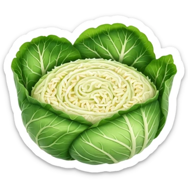 Emoji of sarmale: a small rolled cabbage leaf, pale green and slightly wrinkled, with a visible meat-and-rice filling, simple rounded emoji style, warm and cozy. sticker