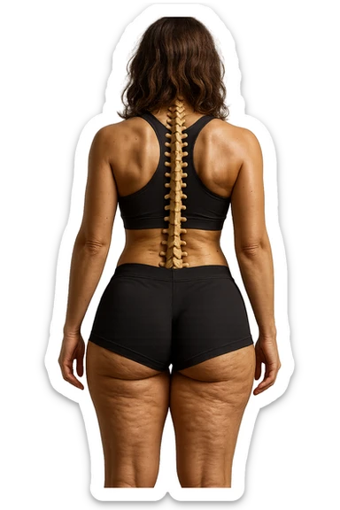 donna fitness di spalle in gym shorts con la cellulite sulle cosce, spina dorsale anatomica in evidenza, iperrealistica 4k sticker