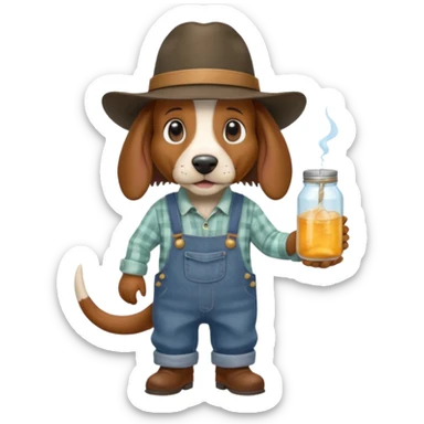 toothless hillbilly basset hound wearing a stetson and dungarees carrying moonshine sticker