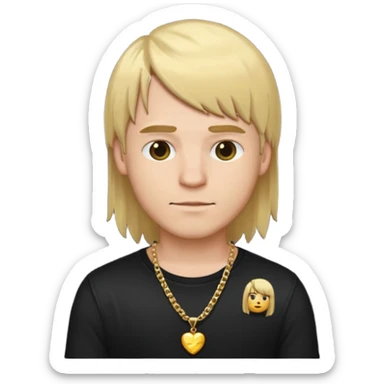 make a iphone emoji who is a white man that looks young with long blonde hair with bangs, with a black punk shirt and a golden neckless sticker