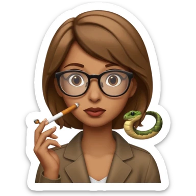 can you create a sneaky SNAKE with big glasses smoking a cigarrette - with light brown hair, with hands on her chin as if she's innocent but with a bitchy look in her eyes and cigarrette in the mouth - the emoji itself is a snake with all these characteristics sticker