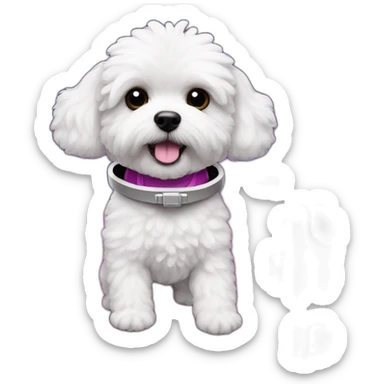 a white maltipoo as purple astronaut with a pink luggage sticker