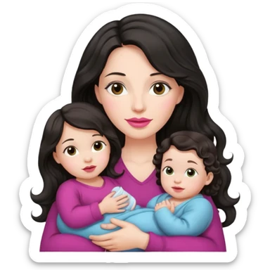 Beautiful Mother long black wavy  hair pink lipstick  holding 1 one infant brown hair fair skin sticker