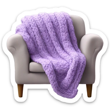 Design an inviting emoji of a chunky knit blanket folded on a comfy chair, with , evoking a cozy home setting.light purple sticker