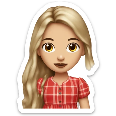 Pretty peach skin brunette woman with doll eyes and long flowing hair and red rosy cheeks in red plaid babydoll dress sticker