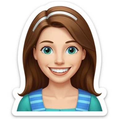 40 yr Caucasian woman, long brown hair parted on side, white stripe in hair, blue green dress ,big smile, white teeth, dimples, blue eyes sticker