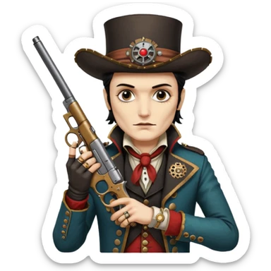 Adam Ant  painted with Indian war colors  is wearing like a highwaymen, holds two steam punk retro guns in his hands sticker