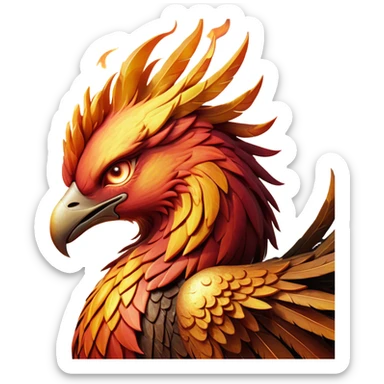 Cinematic Battle-Hardened Mystical Fire Phoenix Portrait Emoji, head bowed slightly in a moment of raw resilience, revealing a form etched with the wear of relentless conflict. Ragged, scorched plumage and half-closed, determined eyes speak to battles fought and won. Rendered with authentic detail and dramatic natural light that accentuates every scar and burn, high shine, this portrayal blends vulnerability with hardened strength, outlined in a soft glow that captures the essence of a phoenix tempered by the fires of combat. sticker