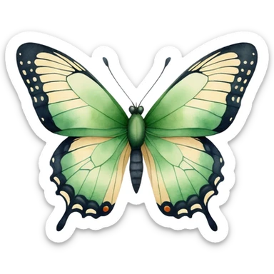 A minimalist watercolor illustration of a butterfly with green hues and fine details, set against a soft beige canvas.
 sticker