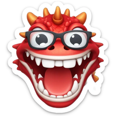Crazy funny red dragon head with human white teeth and beautiful smile wearing glasses and hat sticker