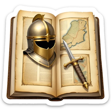 Icon for Historical Fiction Reading: an open book with pages showing ancient scrolls, a quill, a knight's helmet, and a parchment map. The icon should evoke the adventure and grandeur of historical settings and storytelling. Transparent background. sticker