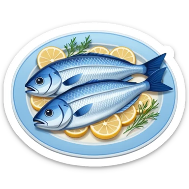 Fish dishes avatar in bright emoji-style illustration. Grilled fish, fillets, and seafood, blue and silver tones, simple shapes, flat design, fresh and flavorful. sticker