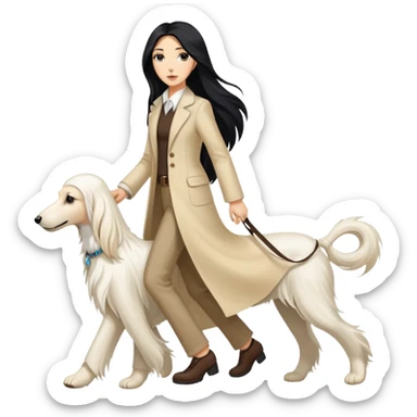 A girl with long black hair walks a white Afghan hound sticker