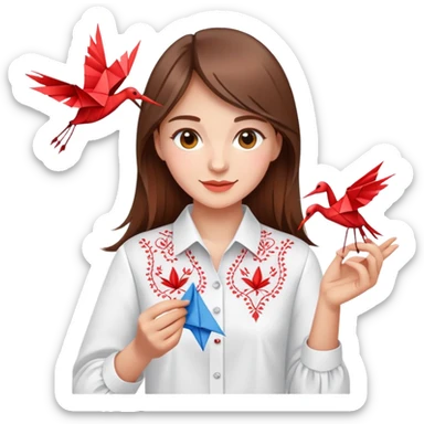 A happy Ukrainian young girl with brown hair in a white embroidered shirt makes an origami red crane craft sticker