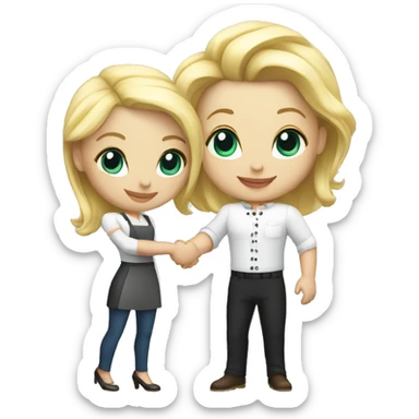 restaurant owner with white skin and blogger with white skin and blonde hair shaking hands in full height sticker