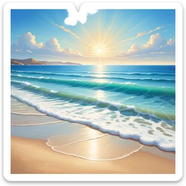 A beautiful  shoreless seascape with waves in warm tones under a bright sun, with the azure sea occupying the foreground. The sunlight reflects off the water, creating a vibrant, peaceful atmosphere. The background features a stunning sky with soft clouds and a distant horizon. sticker