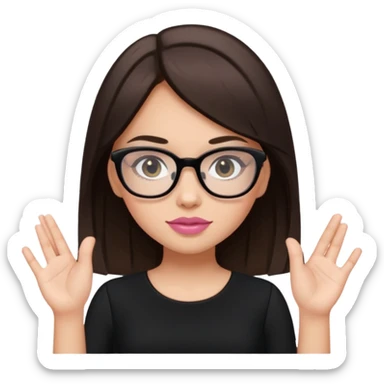 a cute white brunette girl in a black dress wearing glasses  with two hands  sticker