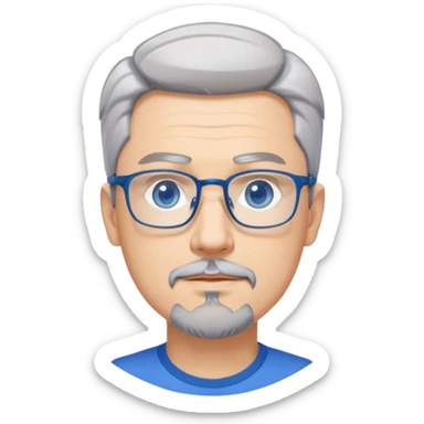 The character is a confident middle-aged modern man with short gray hair, a well-groomed pointed goatee, bright blue-gray anime-style eyes, and stylish rimless rectangular glasses. sticker