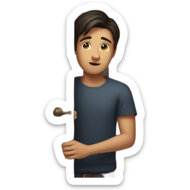 young dark-haired man struggling to close a wooden door sticker