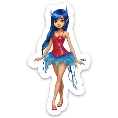 Musa asian adult fairy of music in her enchantix fairy red sparkling two-piece clothing and fairy enchantix wings and long dark blue hair in pigtails from winx club. Lots of sparkles and fairydust. Full body pic and full fairy bliss sticker