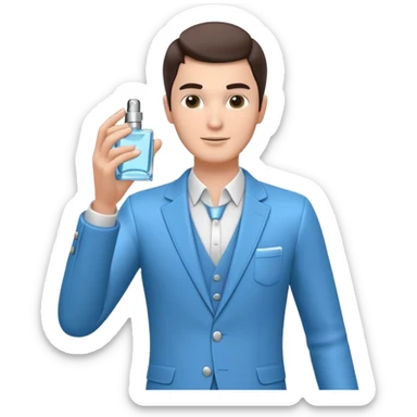 stylish man spraying perfume, holding a perfume bottle, mist spray in the air, elegant pose, 3D cartoon, mobile game icon style, clean background, no text, no watermark

 sticker