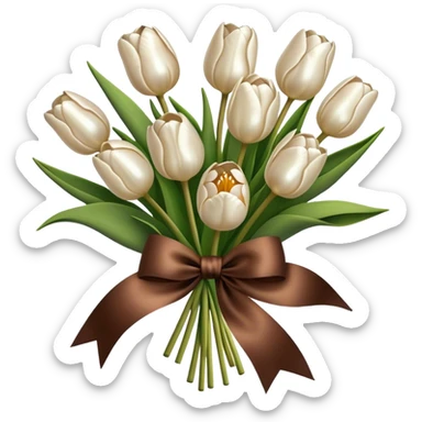 A bouquet of pearl-colored tulips tied with a brown silk bow  sticker