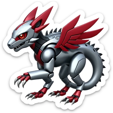 Futuristic cyborg modern badass cool shiny metallic alloy silver-grey obsidian-black crimson-red white animal Digimon Fakémon hybrid full body with intricate patterns sticker