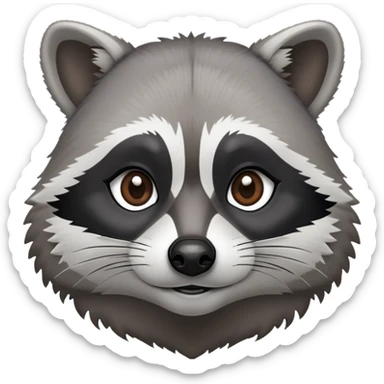 Cinematic-Noble-Raccoon-Portrait-Emoji – Poised and confident, with a sturdy build and a beautifully textured fur of silver-grey accented by dark black facial markings, deep-set, intelligent brown eyes, simplified yet sharp and sophisticated. sticker