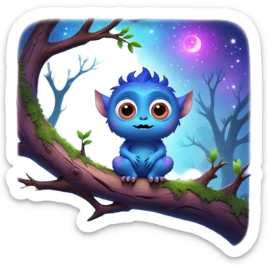 3D, create an image of a cartoon monster with big eyes sitting on a tree branch, thomas kinkade and paul lehr, pixar cute character design, by Anne Stokes, splashes of neon galaxies, adorably cute, drew struzan inspiration, 2019, by Wojciech Korneli Stattler, beautiful mattepainting sticker