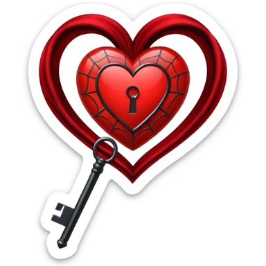 red heart with a gothic key, velvet ribbon, and spiderweb, dark romance sticker