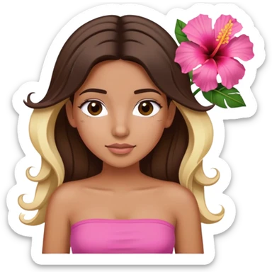 tan girl with dark brown hair and blonde highlights with a hibiscus flower in her hair wearing a pink tube top with tan lines showing sticker