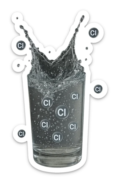 un bicchiere di acqua cade verticalmente dall'alto realistico e dettagliato, dentro l'acqua del bicchiere ci sono particelle di cloro ben visibili con la scritta "Cl" sopra, ci sono particelle anche che escono dal bicchiere e fluttuano in aria verticalmente, mentre alcune sono all'interno dell'acqua nel bicchiere, iperrealistico 4k sticker