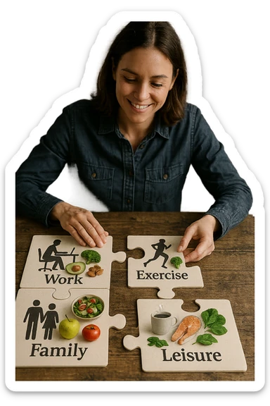 realistica cinematic photo a person is surrounded by puzzle pieces, each representing a different aspect of their life (work, exercise, family, leisure), and healthy foods are integrated into each piece. The person assembles the puzzle, creating a complete, personalized nutrition plan. The mood is uplifting and creative. in italiano sticker