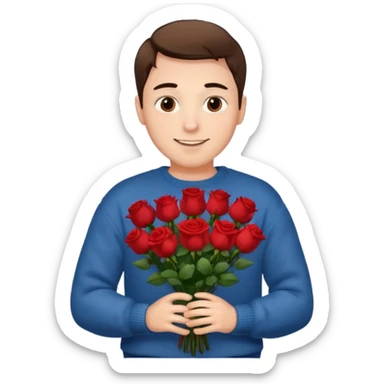 male memoji, man in a cozy sweater, holding a bouquet of red roses, soft smile sticker