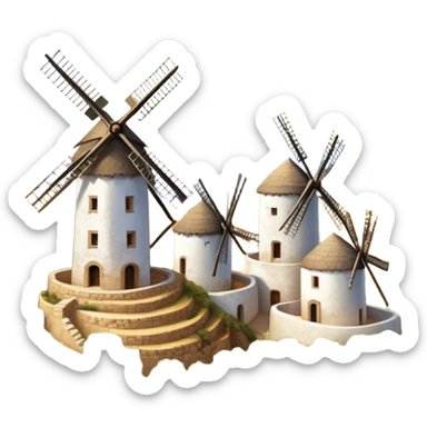 ​Cinematic Realistic Spanish Windmills (Mota del Cuervo), depicted as a cluster of gracefully aged windmills with weathered whitewashed facades and rustic wooden sails, standing proudly on a sunlit, rolling hillside of golden fields and olive groves, rendered with intricate textures and soft natural lighting that captures the timeless rural charm and historical significance of the Spanish landscape, sticker
