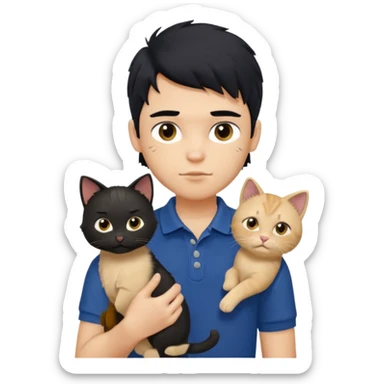 generate a pretty fair bratz boy with a messy mullet (black hair), wearing a dark blue polo.  holding a beige cat sticker