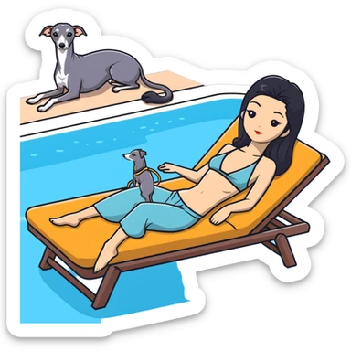 Very thin and slim Chinese woman with long black hair in elegant pool attire relaxing on a comfortable spa lounger at a luxury spa pool with her Italian greyhound that is COMPLETELY solid dark grey with ABSOLUTELY ZERO white markings anywhere - 100% uniform dark grey color only - also relaxing on a lounger sticker