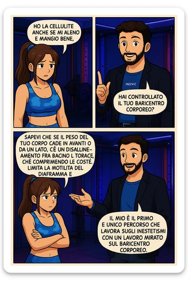 PRENDI SPUNTO DA QUESTO STILE FACENDO UN WEBTOON/MANGA:

LEI (DONNA): Ho la cellulite anche se mi alleno e mangio bene, cosa posso fare?

LUI (UOMO): Hai controllato il tuo baricentro corporeo?
LUI (UOMO): Sapevi che se il peso del tuo corpo cade in avanti o da un lato, c’è un disallineamento fra bacino e torace, che comprimendo le coste, limita la motilità del diaframma e l’ossigenazione dei tessuti?
LUI (UOMO): Il mio è il primo e unico percorso che lavora sugli inestetismi con un lavoro mirato sul baricentro corporeo. sticker