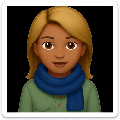 Edit the image of a girl with wheatish complexion, light green shirt, and jeans to change the scarf color to blue. Keep the rest of the image the same. The original style is emoji style, so maintain a simple and clean emoji-like appearance. sticker