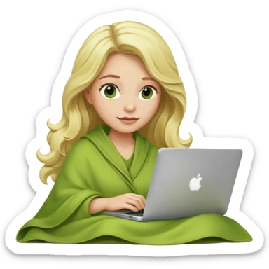 Blonde long wavy hair woman inside a green pistachio color blanket working on her macbook sticker